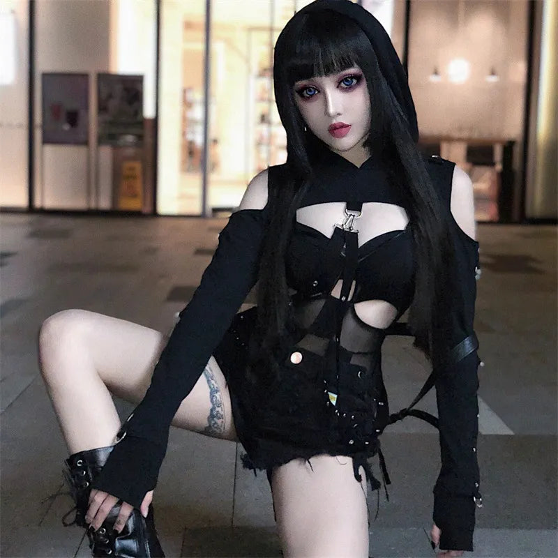 Black Extreme Crop Cold Shoulder Shrug With Punk Detailing