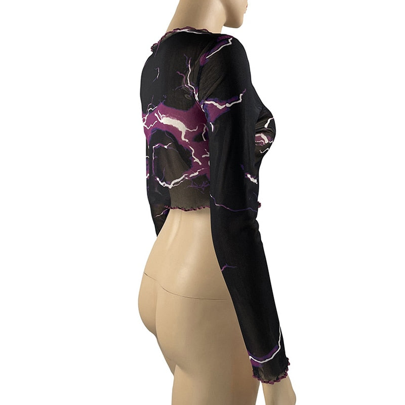 Purple Lightning Print Long Sleeve Mesh Top