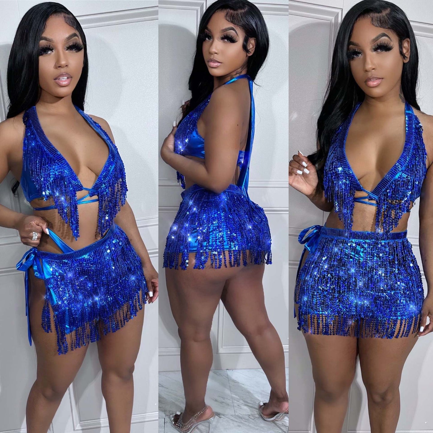 Sequin Thong Bikini & Wrap Skirt Set