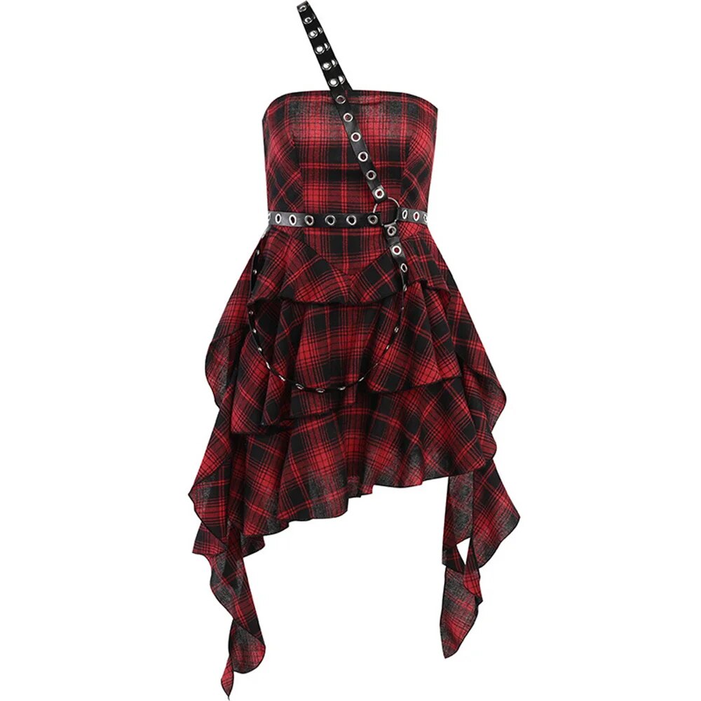 Red Tartan Irregular Hem Dress