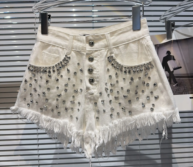 Rhinestone Embellished Distressed Denim Shorts
