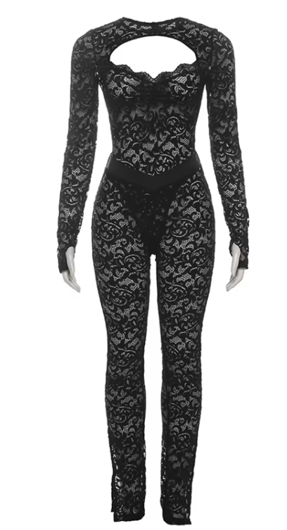 Black Lace Backless Catsuit With Sweetheart Neckline