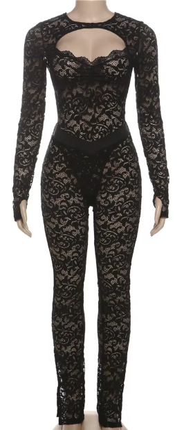 Black Lace Backless Catsuit With Sweetheart Neckline