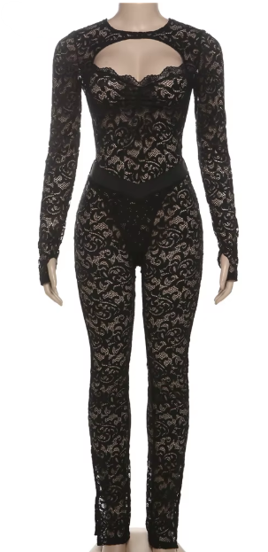 Black Lace Backless Catsuit With Sweetheart Neckline