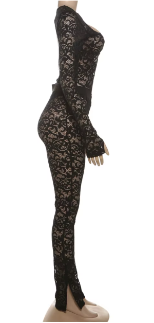 Black Lace Backless Catsuit With Sweetheart Neckline