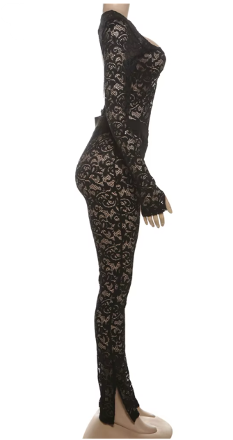 Black Lace Backless Catsuit With Sweetheart Neckline