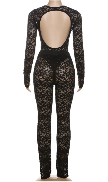 Black Lace Backless Catsuit With Sweetheart Neckline