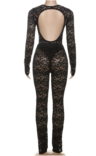 Black Lace Backless Catsuit With Sweetheart Neckline