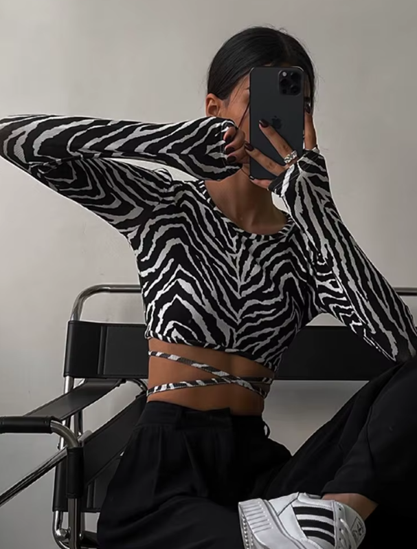 Backless Long Sleeve Zebra Print Top