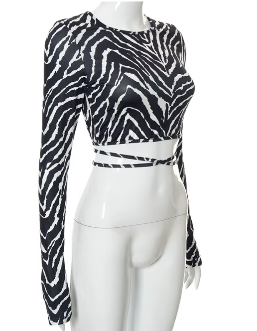 Backless Long Sleeve Zebra Print Top