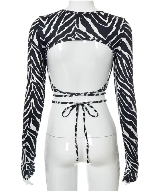 Backless Long Sleeve Zebra Print Top