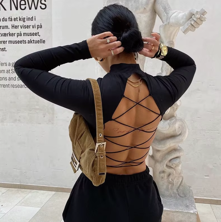 Black Long Sleeve Criss Cross Back Crop Top