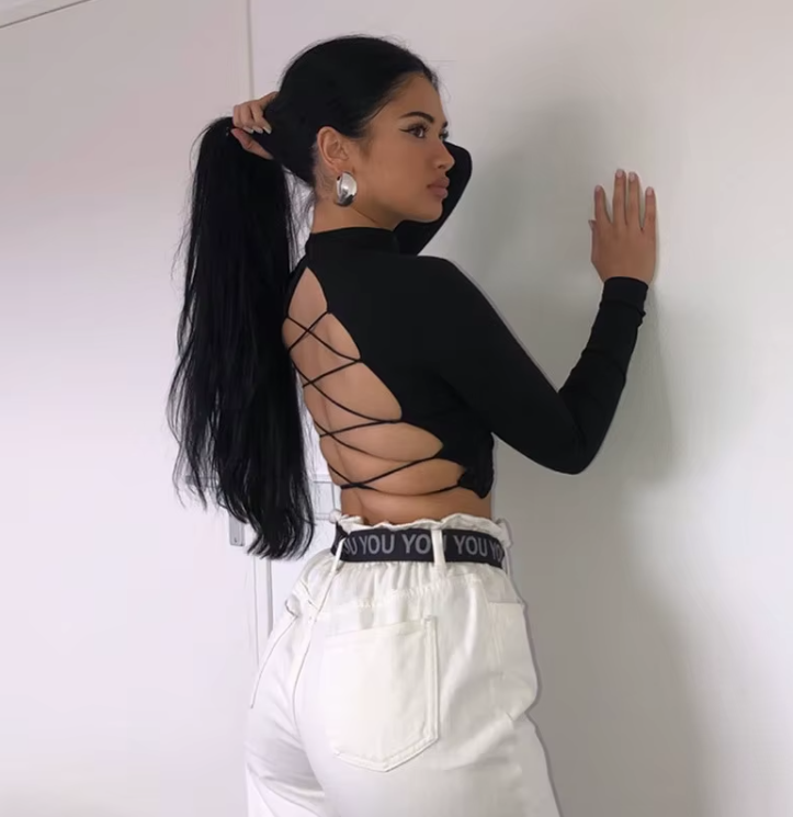 Black Long Sleeve Criss Cross Back Crop Top