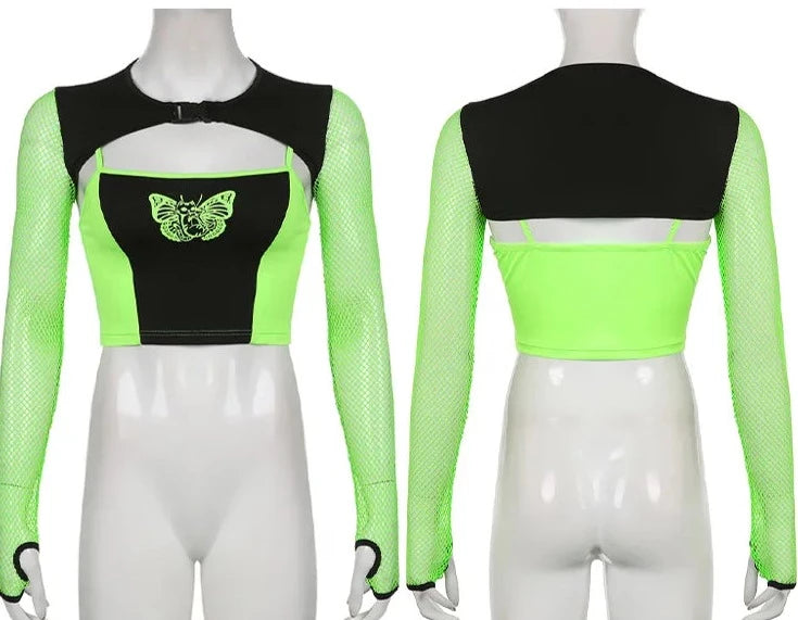 Neon Moth Print Top & Extreme Crop 2 Piece Set