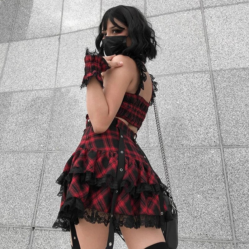 Black & Red Tartan Layered Skirt & Crop Top Set