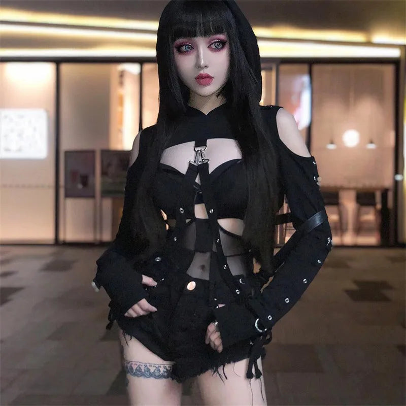 Black Extreme Crop Cold Shoulder Shrug With Punk Detailing