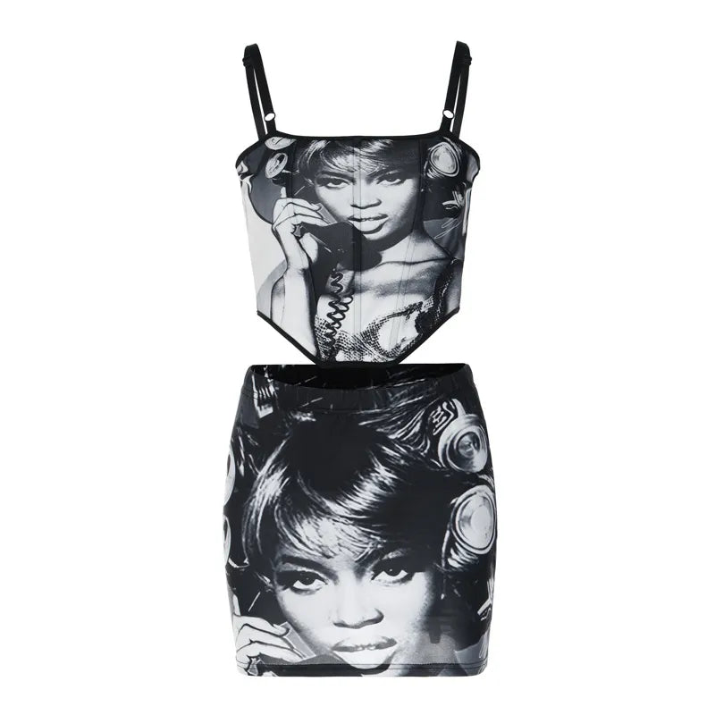 Black & White Face Print Skirt & Top Set