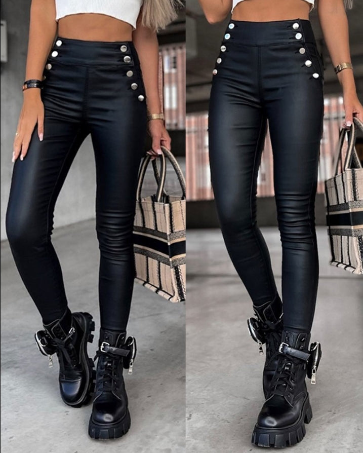 High Waist Button Detail Leggings