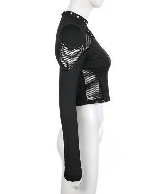 Black Long Sleeve Fishnet Panel Crop Top