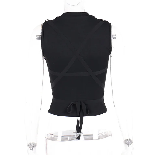 Black Sleeveless Cross Top With Strap Detail