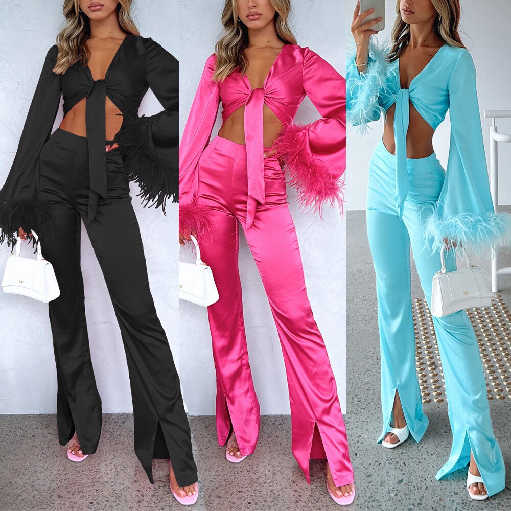 Bell Sleeve Feather Trim Top & Pants Set