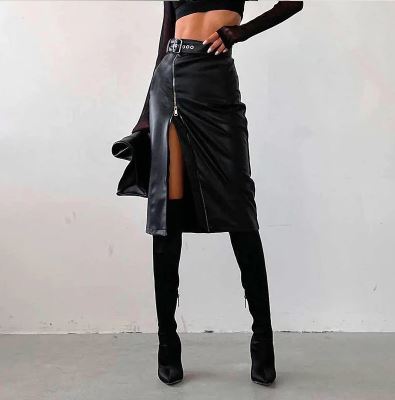 Long Black Faux Leather Full Zip Skirt