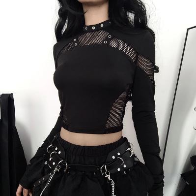 Black Long Sleeve Fishnet Panel Crop Top