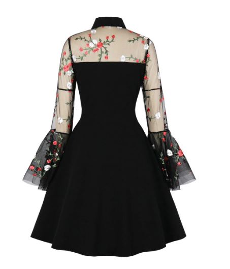 Black Skater Dress With Embroidered Flower Bell Sleeves