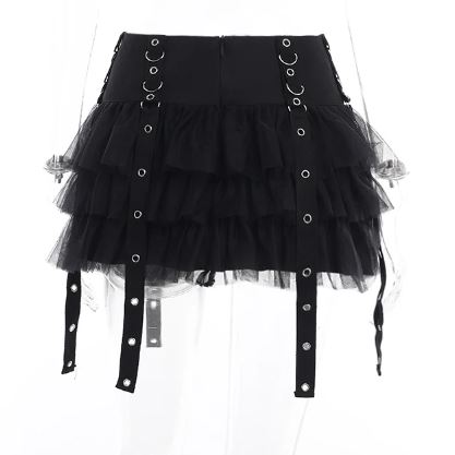 Black Chiffon Layered Gothic Skirt With Straps