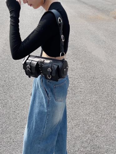 Black Double Pocket Cylinder Shoulder Bag