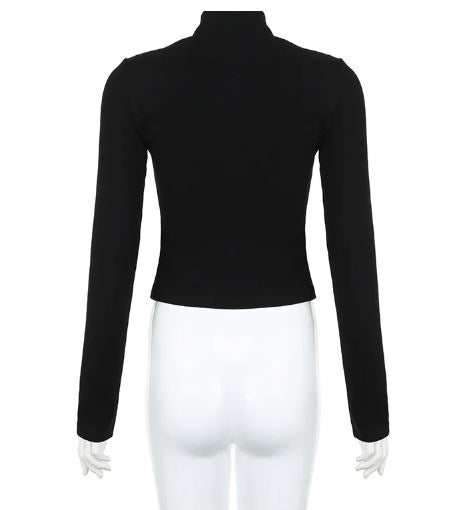 Black Long Sleeve Tattoo Print Top With Metal Detail