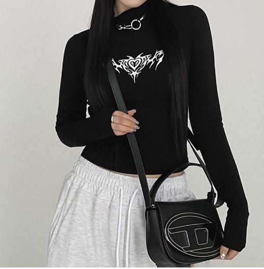 Black Long Sleeve Tattoo Print Top With Metal Detail