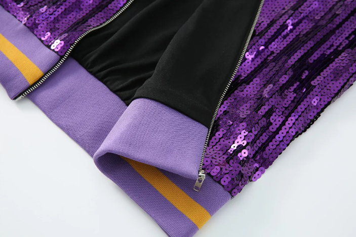 Purple Sequin Striped Baseball Jacket