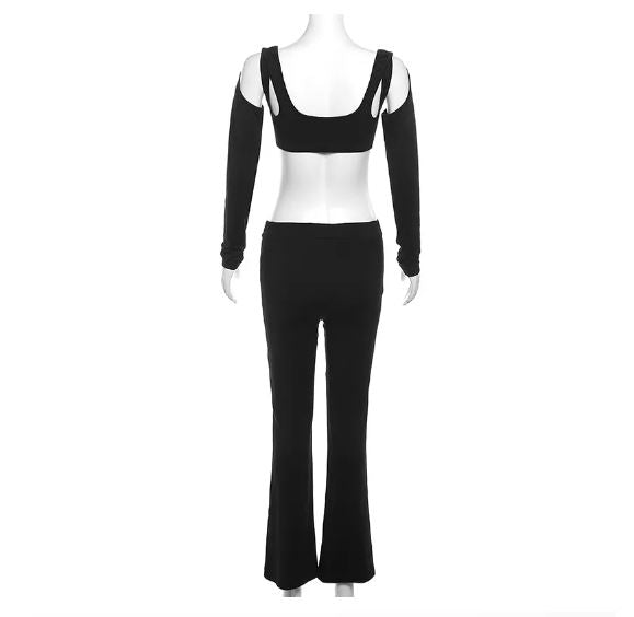 2 Piece Black Cut Out Trousers & Long Sleeve Top Set