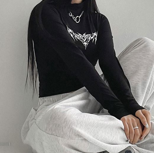 Black Long Sleeve Tattoo Print Top With Metal Detail