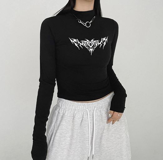 Black Long Sleeve Tattoo Print Top With Metal Detail