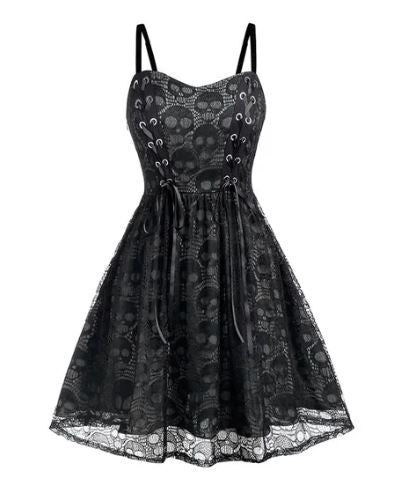 Lace Skull Print Tie Front Skater Dress