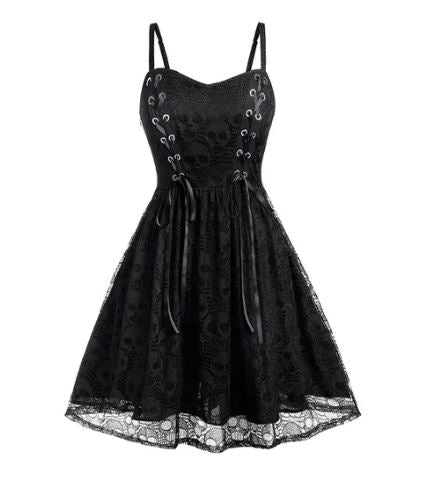 Lace Skull Print Tie Front Skater Dress