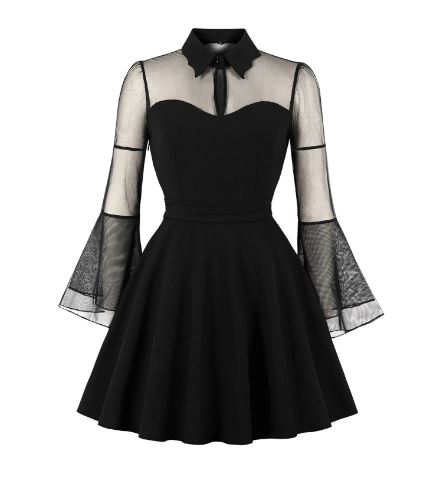 Black Mesh Bell Sleeve Skater Dress With Peter Pan Collar