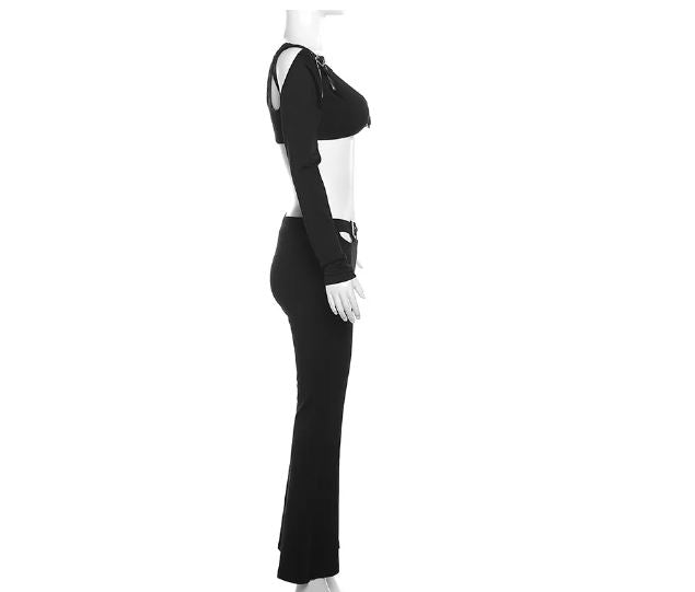 2 Piece Black Cut Out Trousers & Long Sleeve Top Set