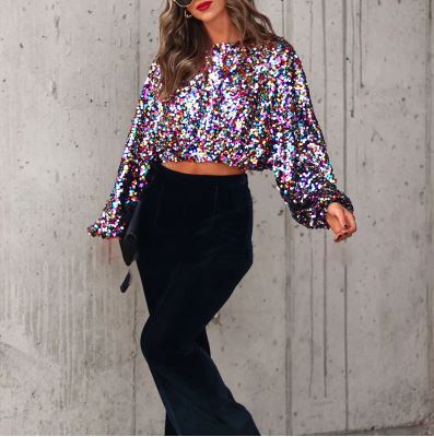 Multi Colour Sequin Lantern Sleeve Crop Top