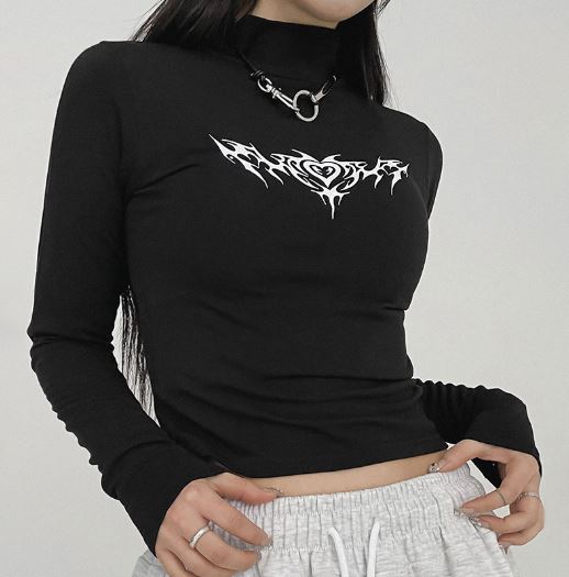 Black Long Sleeve Tattoo Print Top With Metal Detail