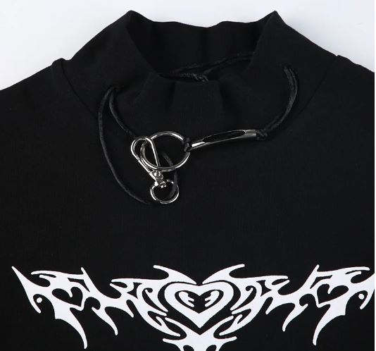 Black Long Sleeve Tattoo Print Top With Metal Detail