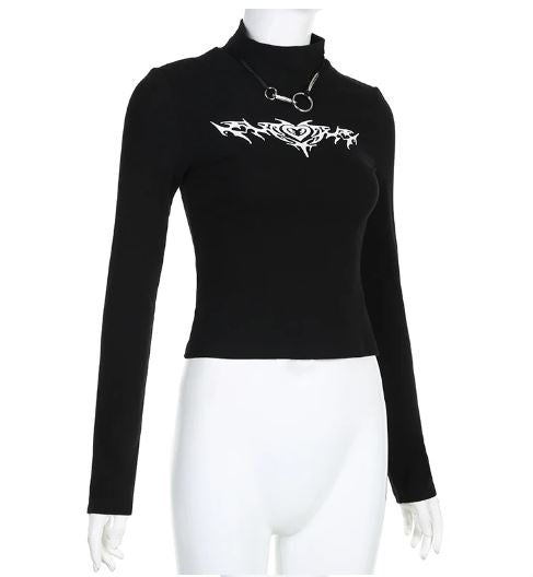 Black Long Sleeve Tattoo Print Top With Metal Detail
