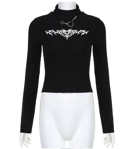 Black Long Sleeve Tattoo Print Top With Metal Detail