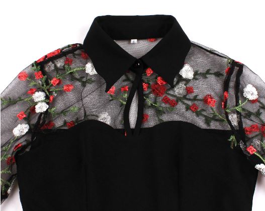 Black Skater Dress With Embroidered Flower Bell Sleeves