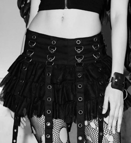Black Chiffon Layered Gothic Skirt With Straps