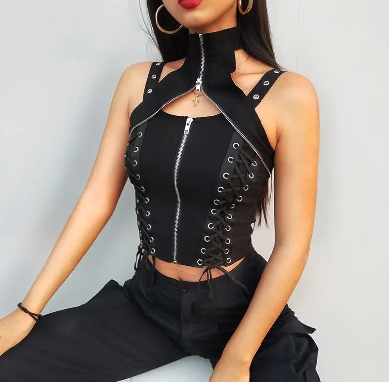 Zip Detail Polo Neck Corset Top