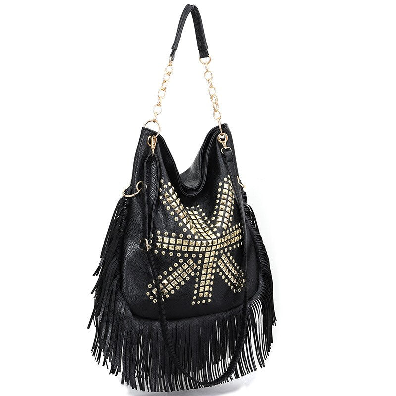 Black GB Studded Fringed Shoulder Bag