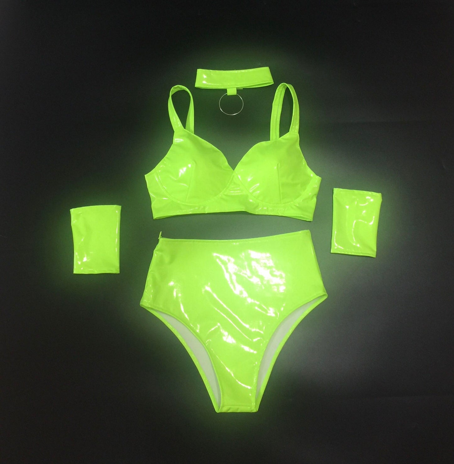 PU Bra Top, Pants, Choker & Cuffs Set